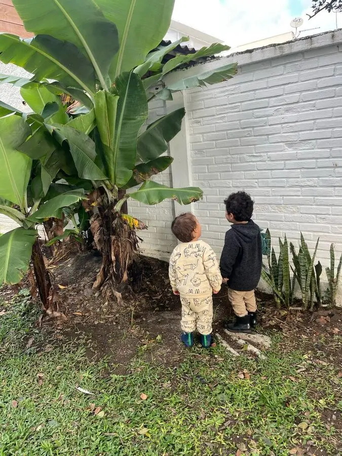 Quintal do Espaço Santa Gianna em Curitiba, com crianças explorando o jardim
